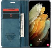 Retro Wallet Slim Case - Telefoonhoesje - Portemonnee Hoesje voor Samsung Galaxy S21 Ultra - Blauw