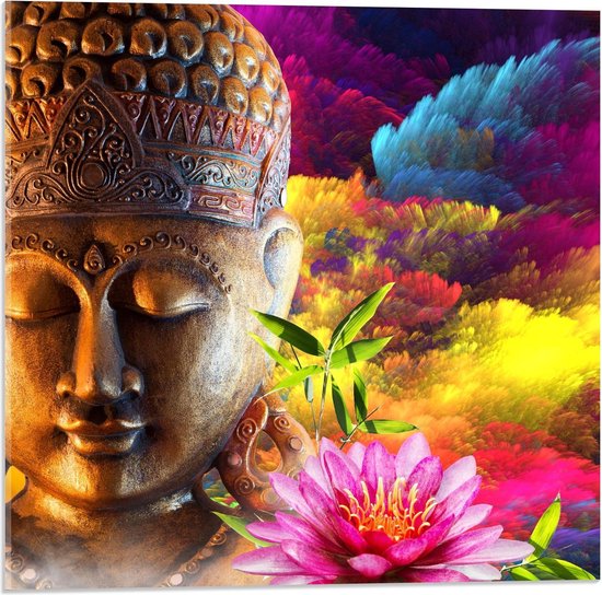 Acrylglas - Boeddha met Achtergrond van Gekleurde Bloemen - 50x50cm Foto op Acrylglas (Wanddecoratie op Acrylglas)