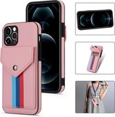 iPhone 12 / 12 Pro Hybride hoesje Purper van TPU + Leer Pu Driekleurige kaartsleuf met lanyard Cover Case Hoes LLBL