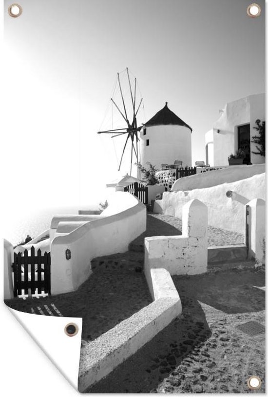 Tuinposter - Tuindoek - Tuinposters buiten - Windmolen op Santorini in Griekenland - zwart wit - 80x120 cm - Tuin