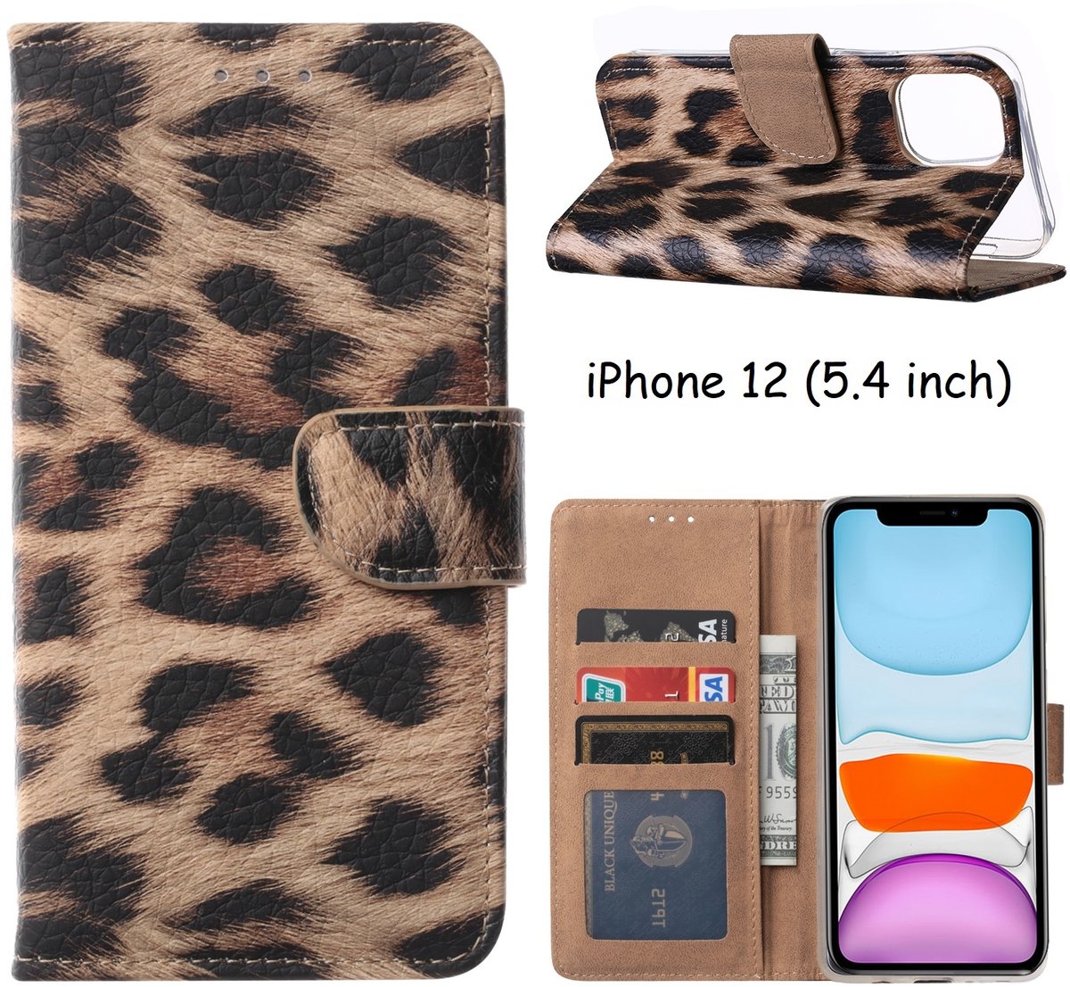 BixB iPhone 12 Mini Hoesje - ring houder Hard backcover Luipaard + 2 Stuks screenprotector