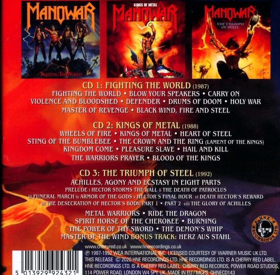Manowar, Fighting The World, Kings of Metal, The Triumph of Steel. Tracklijsten en informatie over de heruitgave van de albums.