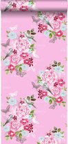 ESTAhome behang bloemen en vogels roze - 138120 - 53 cm x 10,05 m