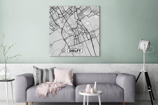 Tableau sur Toile Carte de Ville - Delft - Grijs - Wit - 90x90 cm - Décoration murale