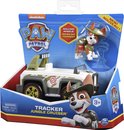 Speelgoed in verpakking: witte terreinwagen met camouflageprint, hond in safari-outfit en Paw Patrol logo.
