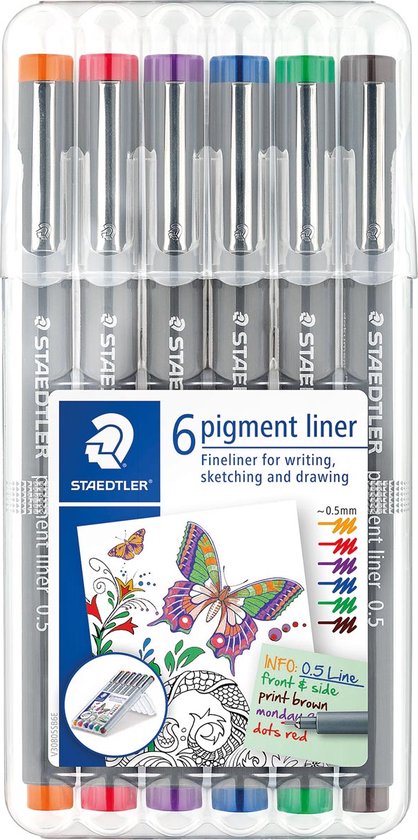 Set de 6 feutres Staedtler pigment liner à capuchons argentés, dans un emballage transparent. Les extrémités des capuchons sont colorées : orange, rouge, violet, bleu, vert, marron.