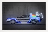 JUNIQE - Poster in houten lijst Neon Delorean -30x45 /Blauw & Grijs