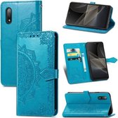 Voor Sony Xperia Ace II Mandala Bloem Reliëf Horizontale Flip Lederen Case met Beugel / Kaartsleuf / Portemonnee / Lanyard (Blauw)