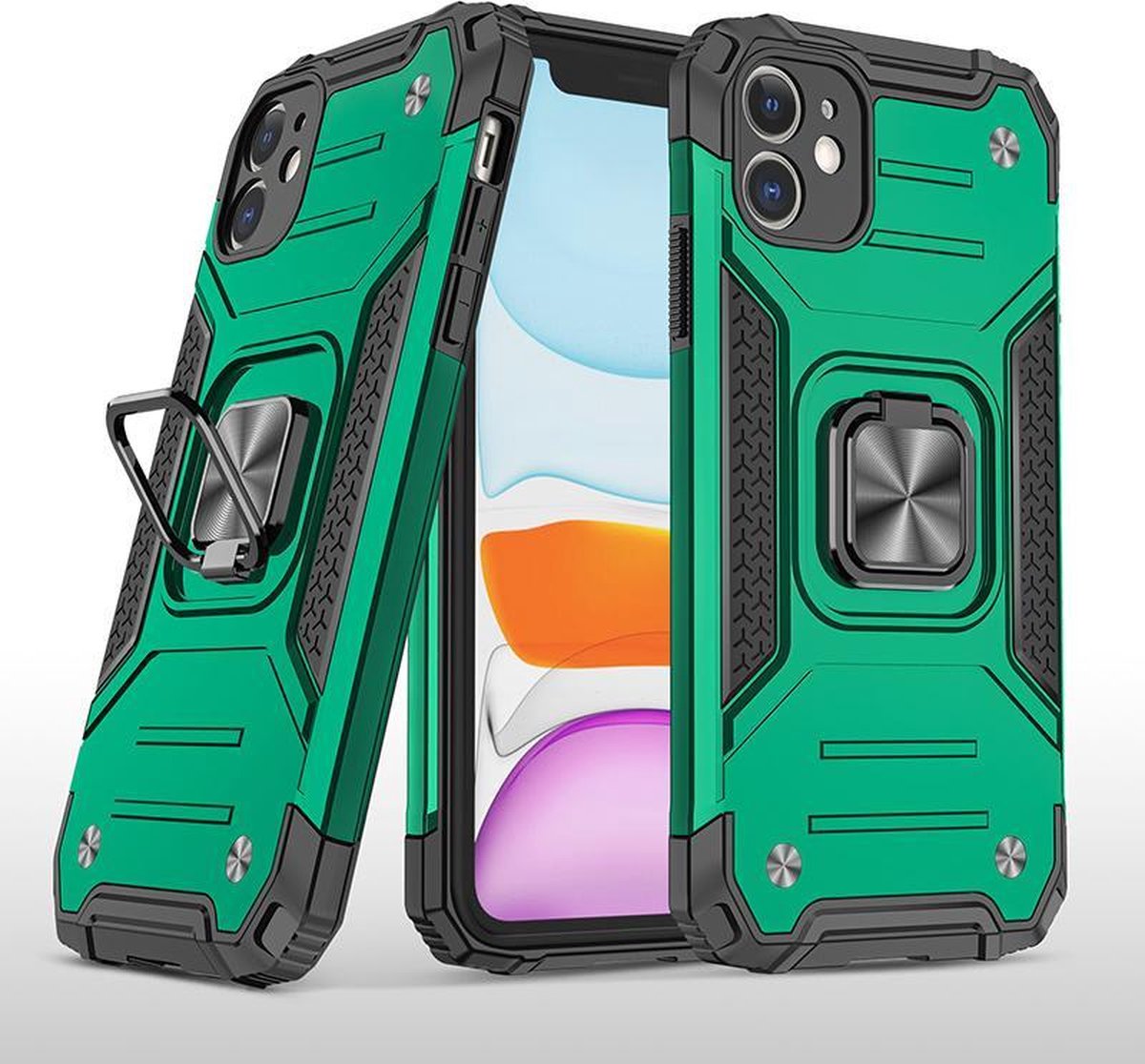 Hoesje Geschikt voor iPhone 11 Pro Max - Heavy Duty Armor hoesje Met Kickstand ringhouder – Groen