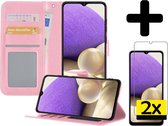 Samsung A32 4G Hoesje Book Case Hoes Met 2x Screenprotector - Samsung Galaxy A32 4G Case Hoesje Wallet Cover - Samsung Galaxy A32 4G Hoesje - Licht Roze