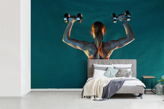 Papier peint Papier peint photo en vinyle - Une femme tient deux poids pendant le fitness largeur 390 cm x hauteur 260 cm - Tirage photo sur papier peint (disponible en 7 tailles)
