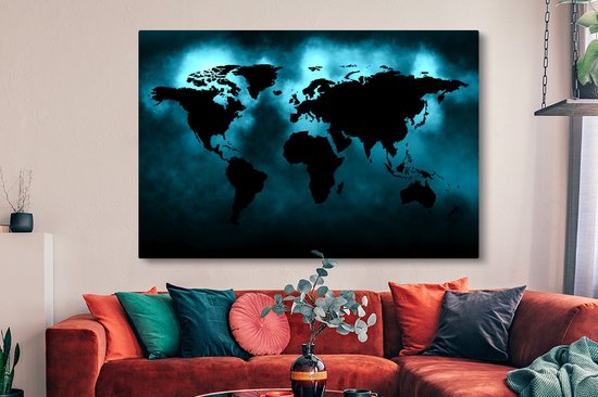 Peintures Toile Wereldkaart - Zwart - Blauw - 150x100 cm - Décoration murale