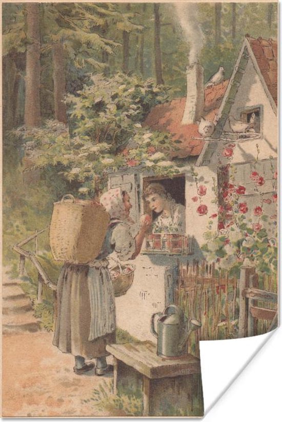 Poster Illustratie van een vrouw bij een huisje in het bos - 40x60 cm