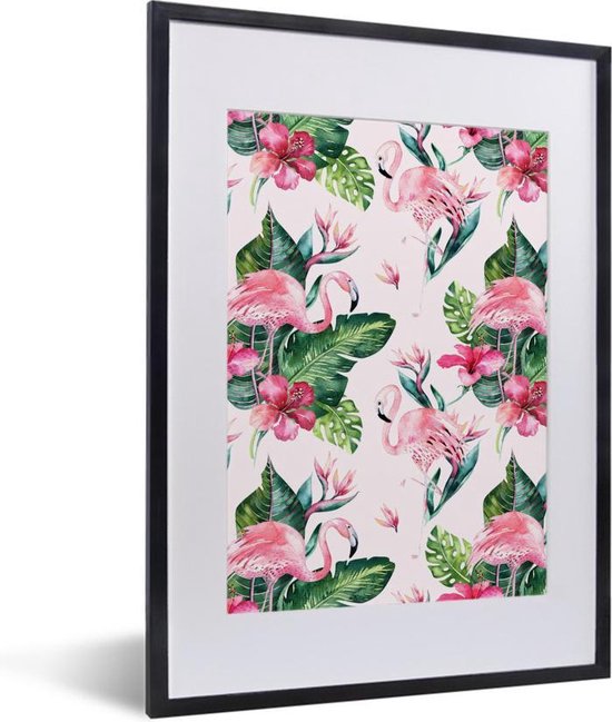Fotolijst incl. Poster - Patroon - Flamingo - Roze - 30x40 cm - Posterlijst