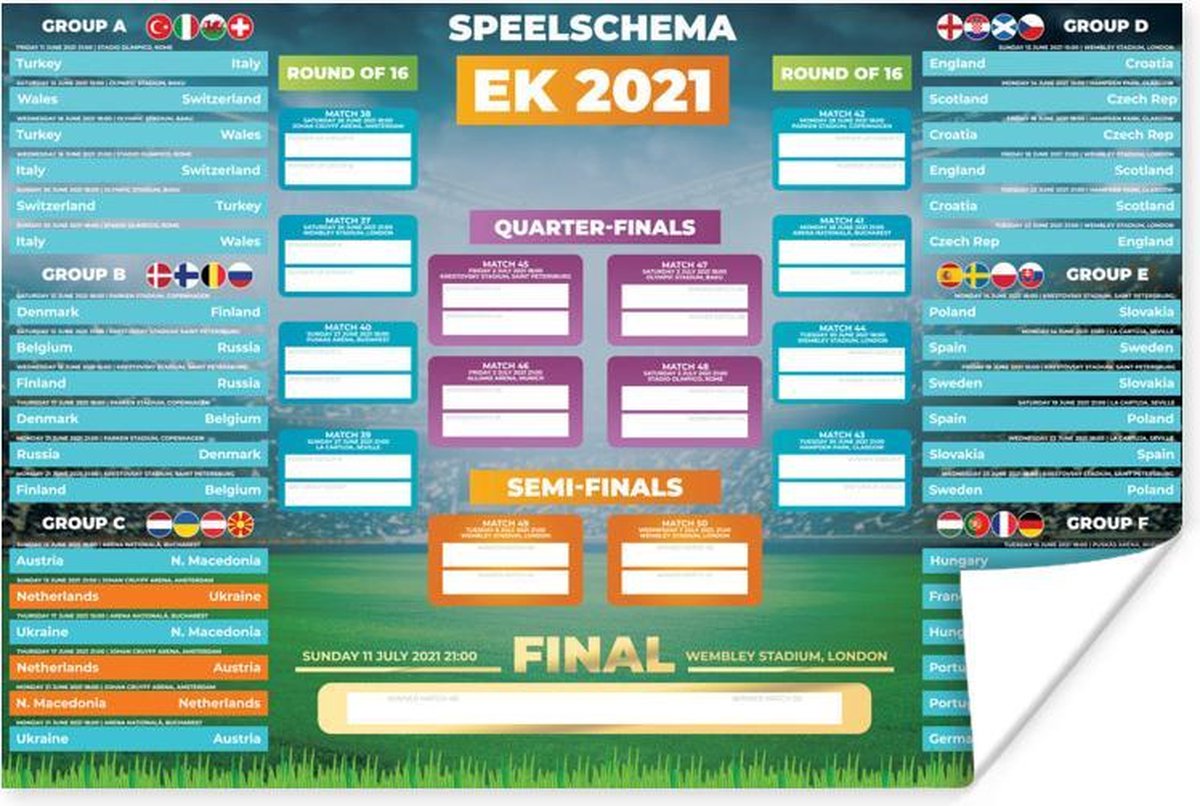 Poster EK 2021 Speelschema Voetbal 180x120 cm XXL