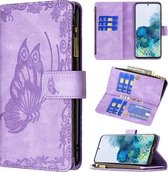 Voor Samsung Galaxy S20 Flying Butterfly Embossing Pattern Rits Horizontale Flip Leather Case met houder & kaartsleuven & portemonnee (paars)
