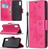 Voor Samsung Galaxy A02 Embossing Twee Vlinders Patroon Horizontale Flip PU Lederen Case met Houder & Kaartsleuf & Portemonnee & Lanyard (Rose Rood)