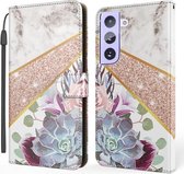 Voor Samsung Galaxy S21 FE marmer horizontaal flip TPU + PU lederen tas met houder & kaartsleuven & portemonnee & fotolijst & lanyard (bloemtextuur)