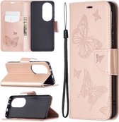 Voor Huawei P50 Pro Twee Vlinders Embossing Patroon Horizontale Flip Leren Case met Houder & Kaartsleuf & Portemonnee & Lanyard (Rose Goud)
