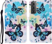 Voor Samsung Galaxy S21 FE Gekleurde tekening patroon Horizontale Flip PU lederen tas met houder & kaartsleuven & portemonnee & lanyard (paarse vlinder)