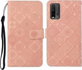 Voor Geschikt voor Xiaomi Redmi 9T Etnische Stijl Reliëfpatroon Horizontale Flip Leren Case met Houder & Kaartsleuven & Portemonnee & Lanyard (Roze)