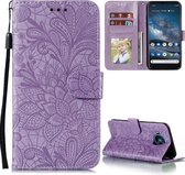 Voor Nokia 8.3 5G Kant Bloem Embossing Patroon Horizontale Flip Leren Case met Houder & Kaartsleuven & Portemonnee & Fotolijst (Paars)