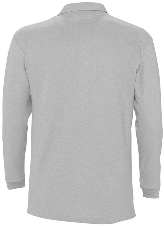 Achterkant van een lichtgrijs, langarmig poloshirt van piqué katoen.