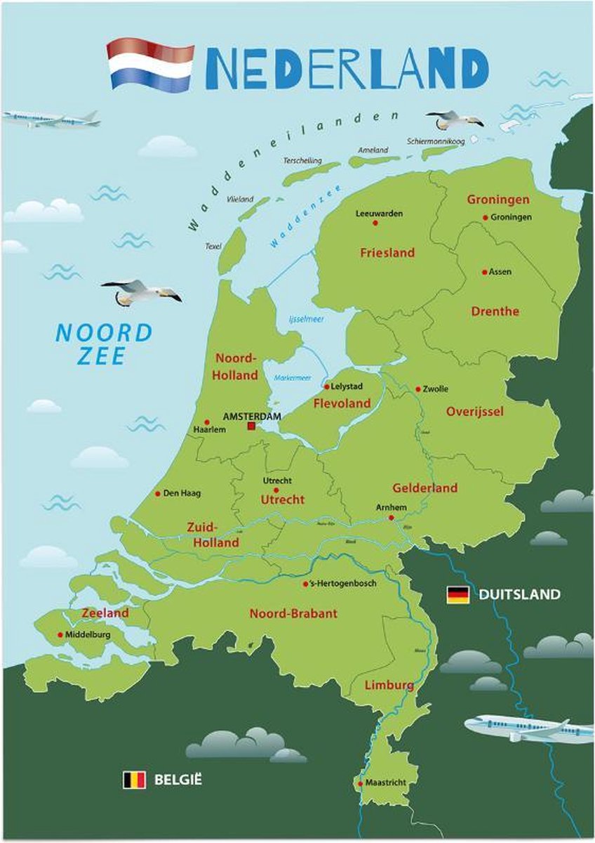 eduposters Educatieve poster (Posterpapier) - Topografie Nederland - 29.7 x 42 cm (A3) Geel