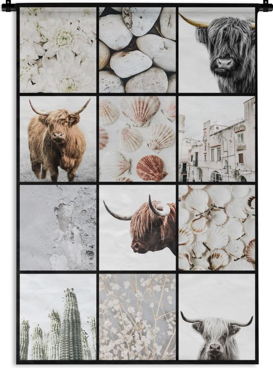 Wandkleed - Wanddoek - Schotse Hooglander - Collage - Bloemen - Schelpen - 90x135 cm - Wandtapijt