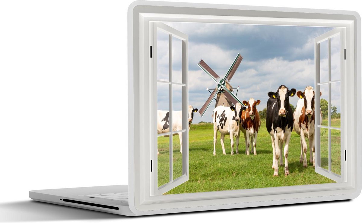 Laptop sticker - 10.1 inch - Doorkijk - Koe - Molen - 25x18cm - Laptopstickers - Laptop skin - Cover