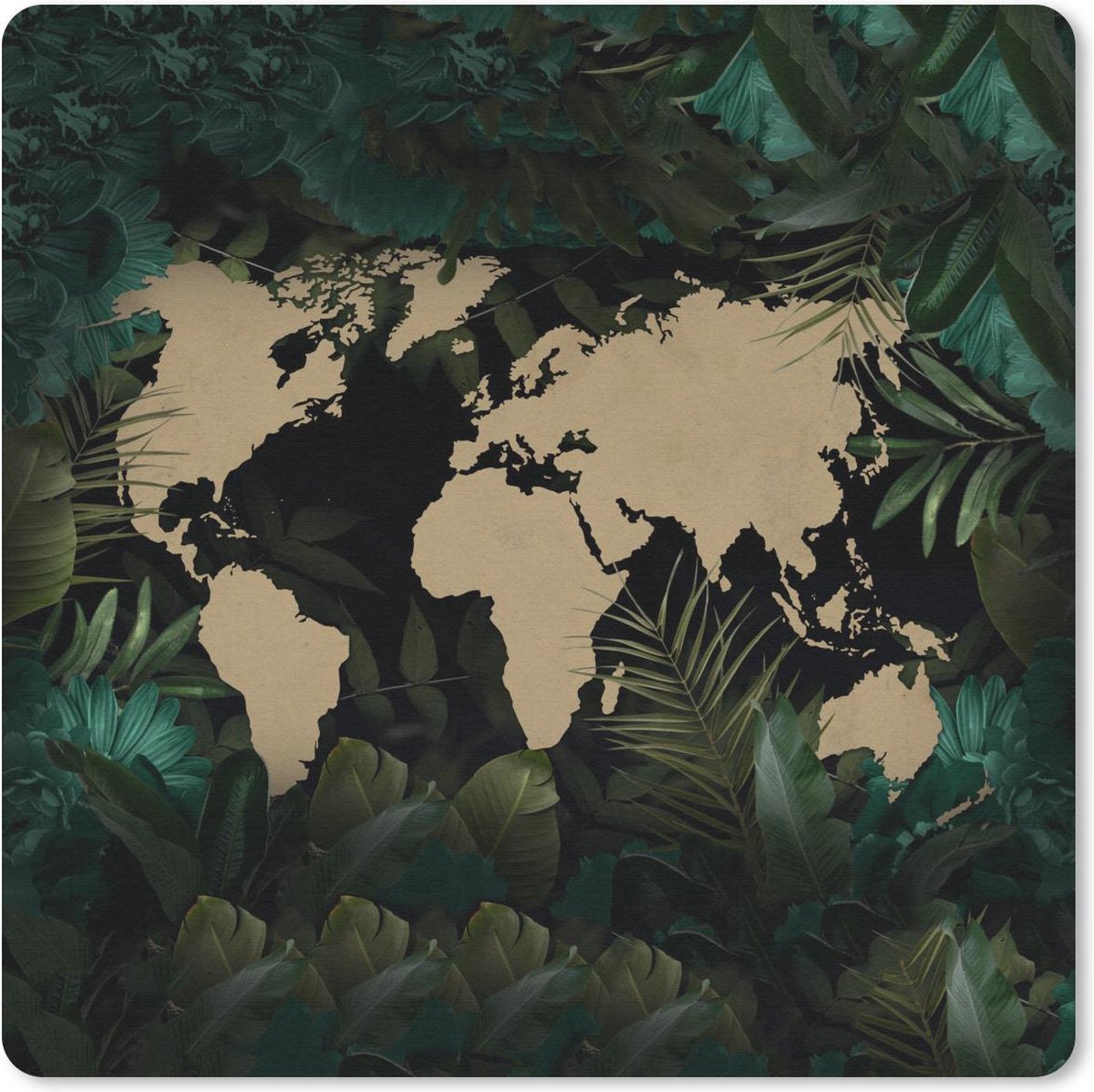 Muismat 20x20 cm - Mousepad Wereldkaart - Bruin - Bloemen - Muismatten