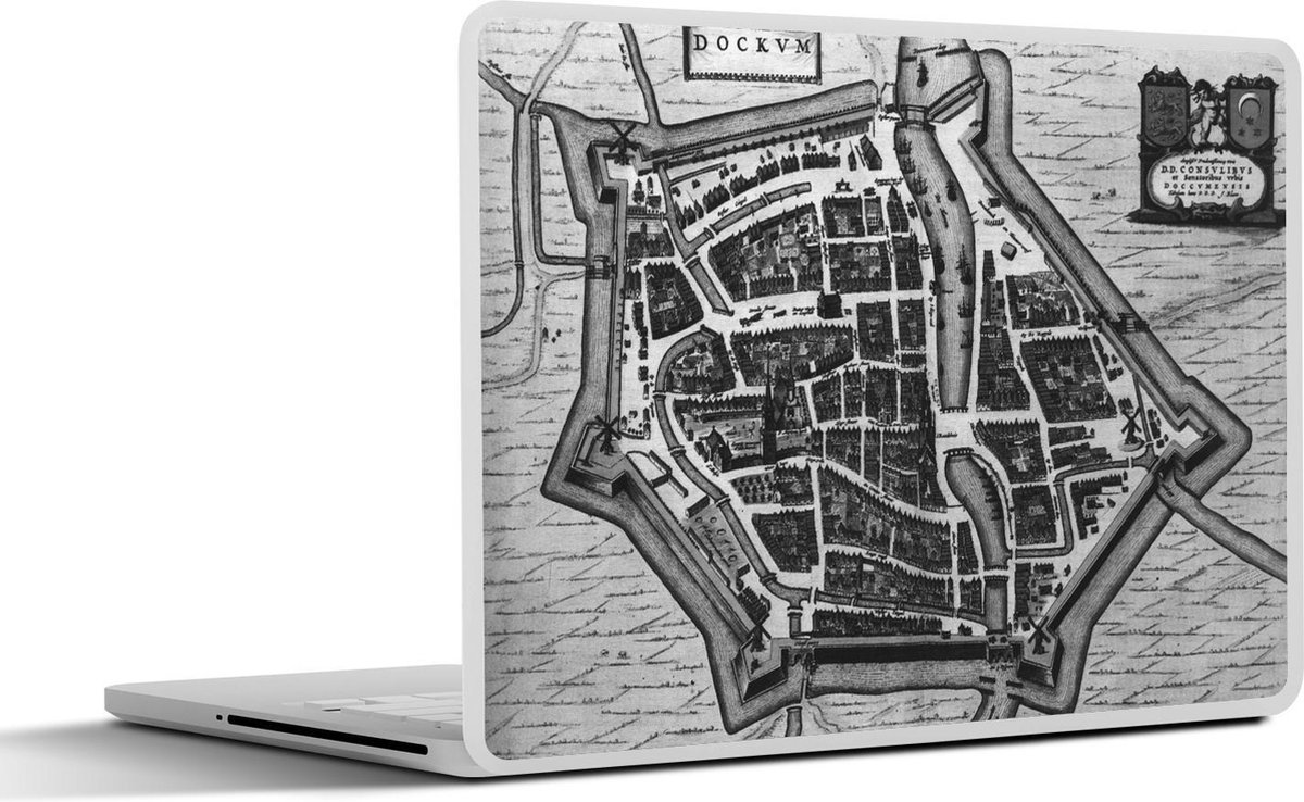 Laptop sticker - 14 inch - Stadskaart - Dokkum - Zwart Wit - 32x5x23x5cm - Laptopstickers - Laptop skin - Cover