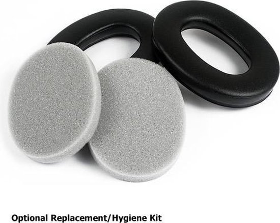 Hygiënekit voor 3M Peltor Optime III: twee grijze kussentjes en twee zwarte oorschelpen.
