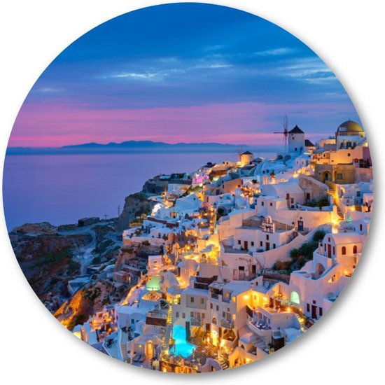 Oia met traditionele witte huizen en windmolens op het eiland Santorini, Griekenland in het blauwe avonduur - Muurcirkel Forex 40cm - Wandcirkel voor binnen - Landschap