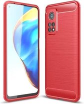 Voor Xiaomi Mi 10T Pro 5G geborstelde textuur koolstofvezel TPU-hoes (rood)