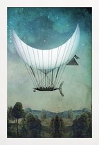 JUNIQE - Poster in houten lijst The Moon Ship -40x60 /Blauw & Grijs