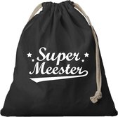 1x Canvas cadeautasje Super Meester zwart met koord 25 x 30 cm - Geschenktas/ cadeautas bedankt meester