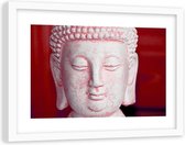 Foto in frame , Wit hoofd van Boeddha , 120x80cm , rood wit , Premium print