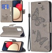 Voor Samsung Galaxy A03s Embossing Twee Vlinders Patroon Horizontale Flip PU Lederen Case met Houder & Kaartsleuf & Portemonnee & Lanyard (Grijs)