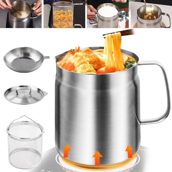Mini Friteuse, pan met zeef, Frituurpan, 304 Roestvrij staal, Multifunctionele Oliezeefpan, 2 l Vetreservoir, Roestvrij staal, Spek Vetbesparer, Oliereservoir met Zeef voor de Keuken