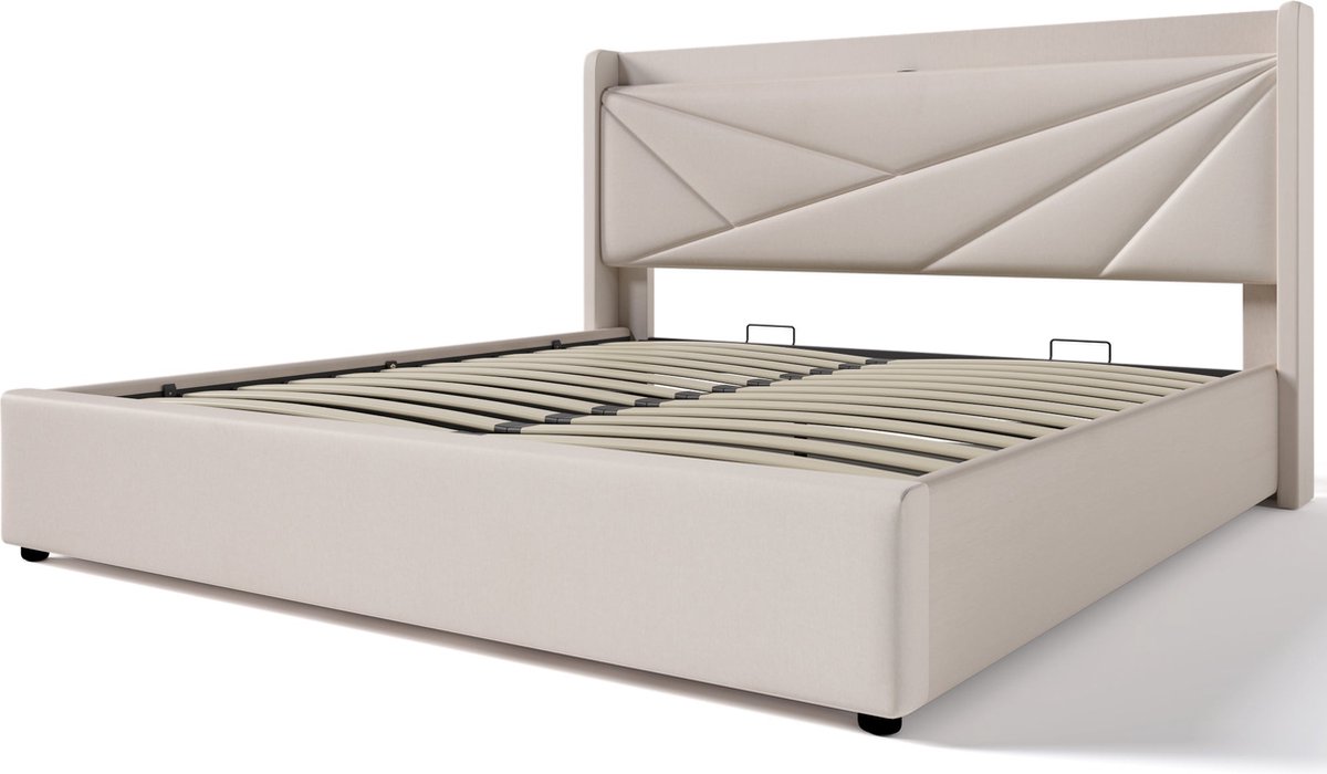 Merax Gestoffeerd Tweepersoonsbed 140x200 cm met Opbergruimte en USB-C Oplaadfunctie – Inclusief Matras en Lattenbodem