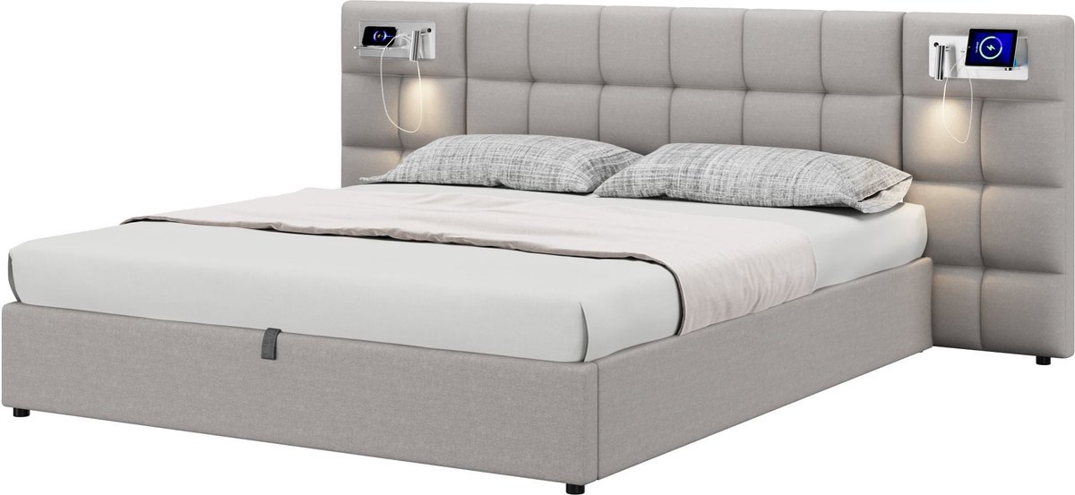 Merax Tweepersoonsbed 180x200 cm met Hydraulisch Opbergruimte - Gestoffeerd Bed met USB Aansluiting en Draadloos Opladen - Grijs