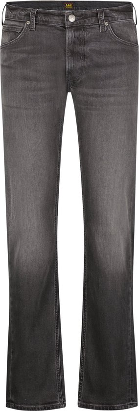Grijze jeans met rechte pijpen, knoopsluiting en de kenmerkende Lee-stiksels op de zakken.