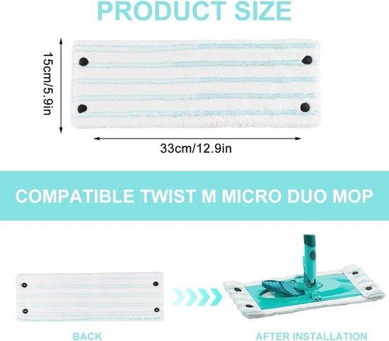 Dweilmop Overtrek 2 Stuks - Microvezel Vervangingsset voor Vloerwisser - Hygiënische Reiniging en Sterke Ontsmetting - 33 x 15 cm — afbeelding 2