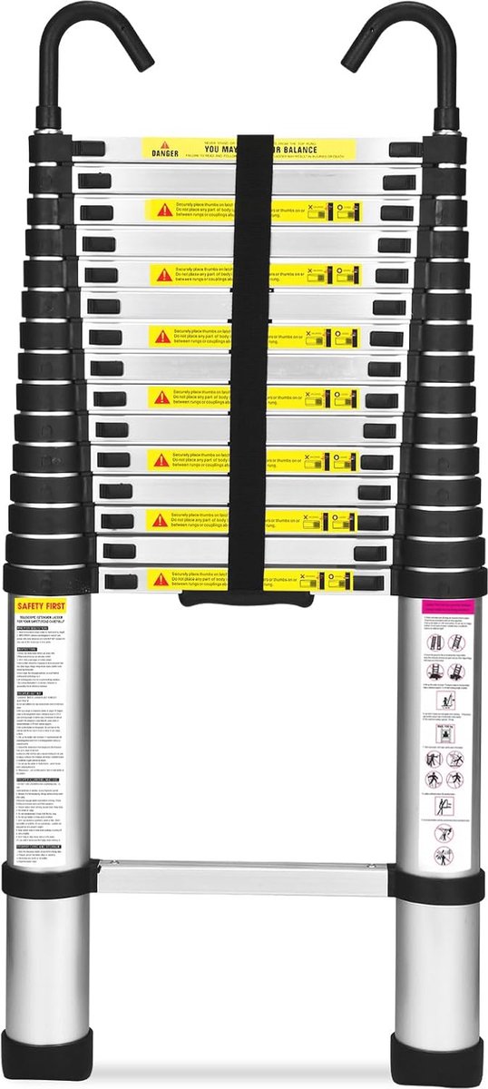 Telescopische aluminium ladder 4,7 meter met haken en 150 kg draagvermogen