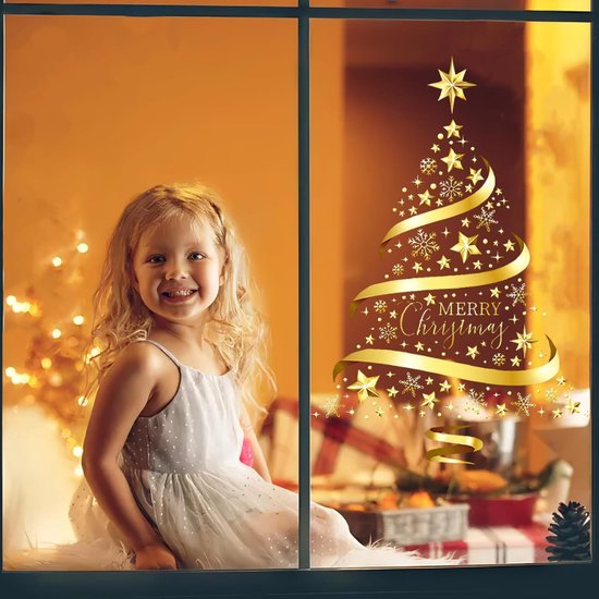 Lot De 2 Autocollants Fenêtre Sapin De Noël Doré - 45x60cm - Décorations Réutilisables Sans Colle