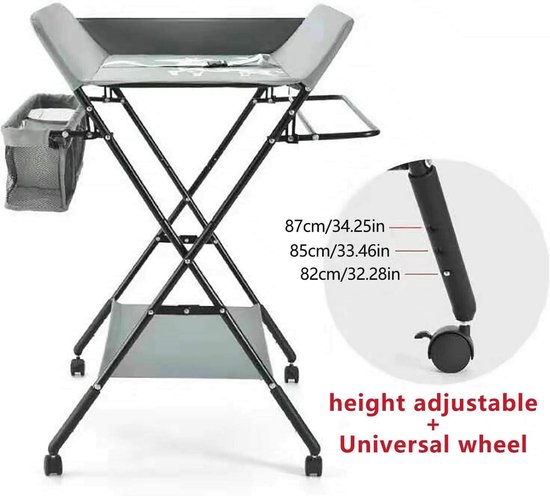 Opvouwbare babycommode met wieltjes, aankleedkussen, veiligheidsgordel en opbergvakken, beweegbare commode met hoogteschaal, voor baby's onder de 25 kg of 0 kg Opvouwbare babycommode met wieltjes, aankleedkussen, veiligheidsgordel en opbergvakken, beweegbare commode met hoogteschaal, voor baby's onder de 25 kg of 0 kg