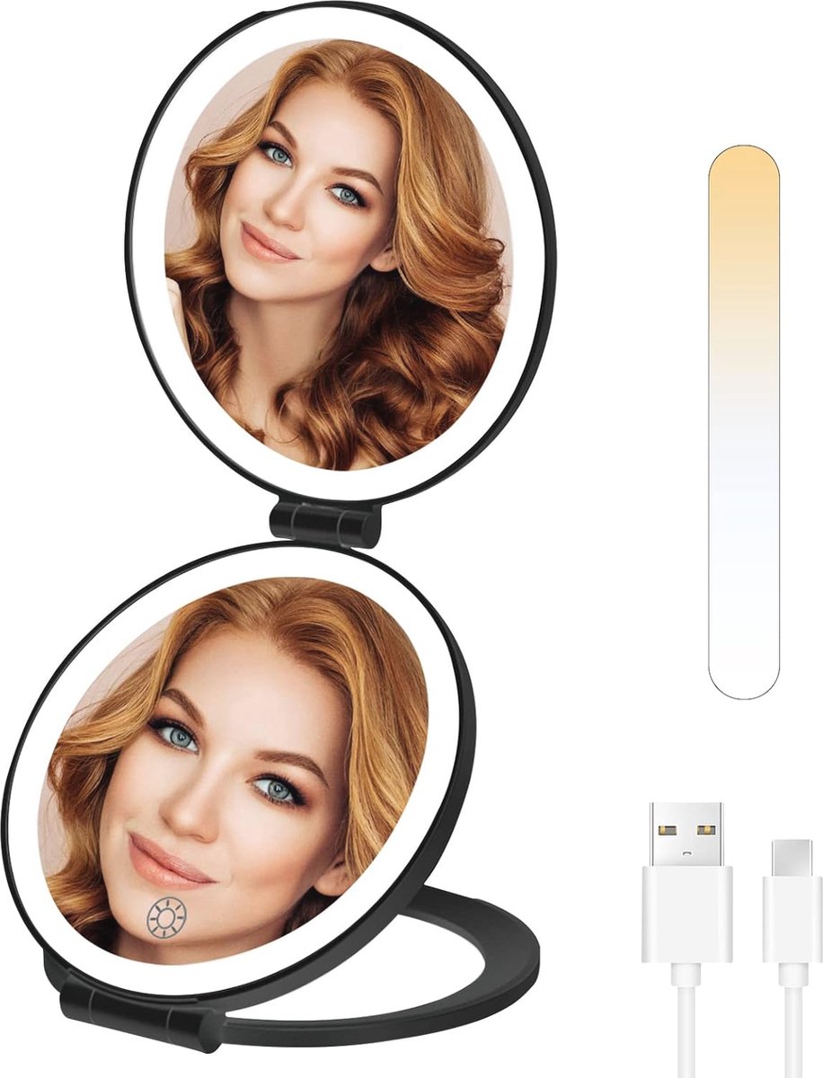 Draagbare Make-upspiegel met LED-verlichting en Vergroting - Touchscreen, USB-oplaadbaar, 3 Kleurinstellingen, Inklapbare Design