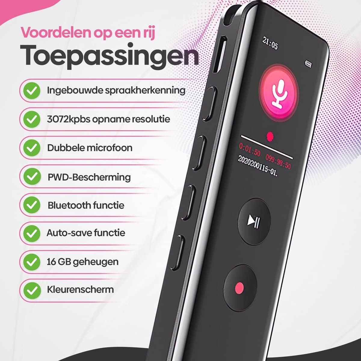 Digitale Voice Recorder met Bluetooth en Ruisonderdrukking - 16GB opnames met Oordopjes