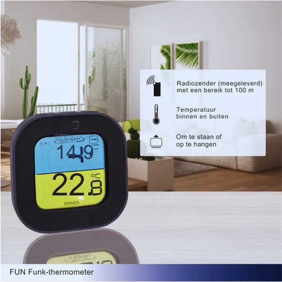 TFA Dostmann digitale thermometer FUN, 30.3068.01, voor binnen en buiten door draadloze buitensensor, kleurendisplay, met minimum- en maximumwaarden, zwart, (L) 88 x (B) 19 (44) x (H) 88 mm
